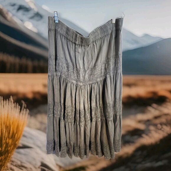 Vintage Muted Gray Emroidered Prairie Skirt Boho Cottagecore Tiered  Womens XL - Picture 11 of 11